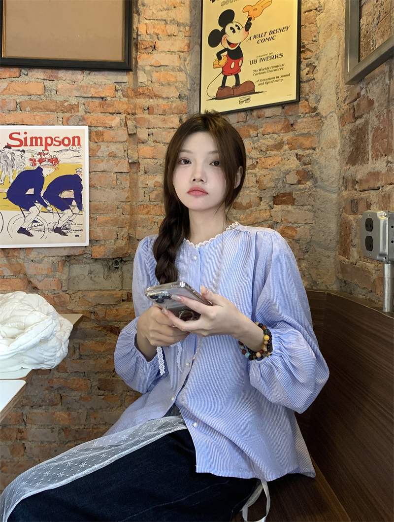 實拍~2024新款法式別致圓領珍珠扣單排扣條紋長袖女襯衫上衣
