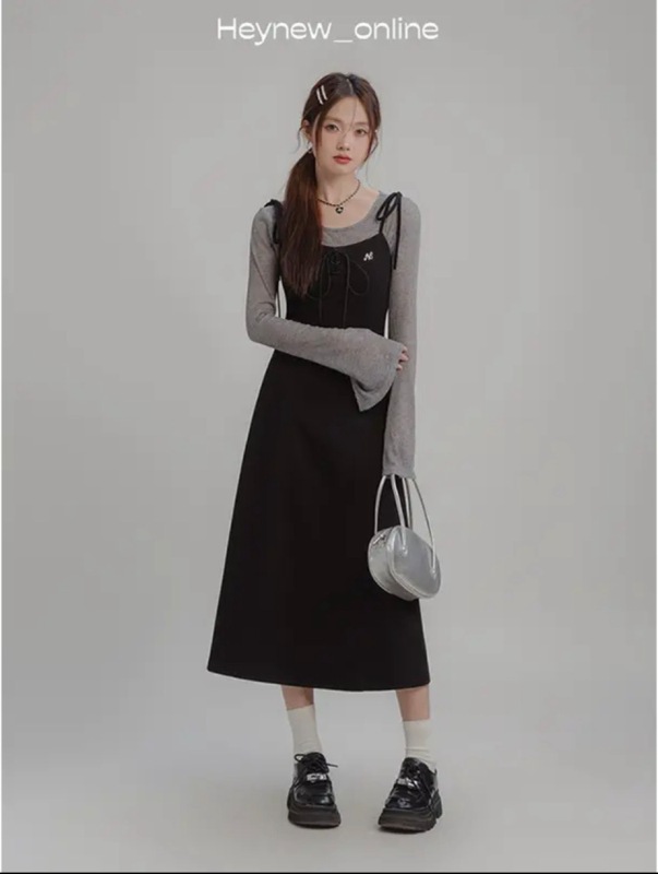 LOVEHEYNEW綁帶設計銀標連衣裙上衣兩件套女新款氣質顯瘦套裝裙