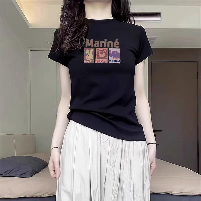 印花正肩短袖t恤女夏季夏新款小眾美式純棉顯瘦體恤上衣