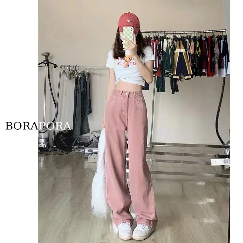 髒粉色高腰闊腿牛仔褲女春秋直筒寬鬆顯瘦大碼拖地褲子高街ins潮