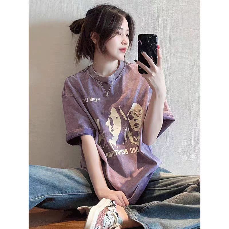 230克純棉包領 春夏季美式復古寬鬆大碼上衣印花水洗做舊短袖T恤
