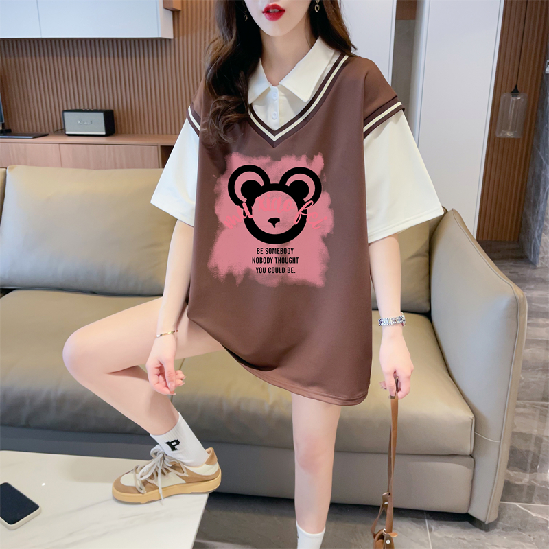 Real shot 2024 summer Korean style loose fake two-piece cartoon print M-3XL large size short-sleeved T-shirt for women