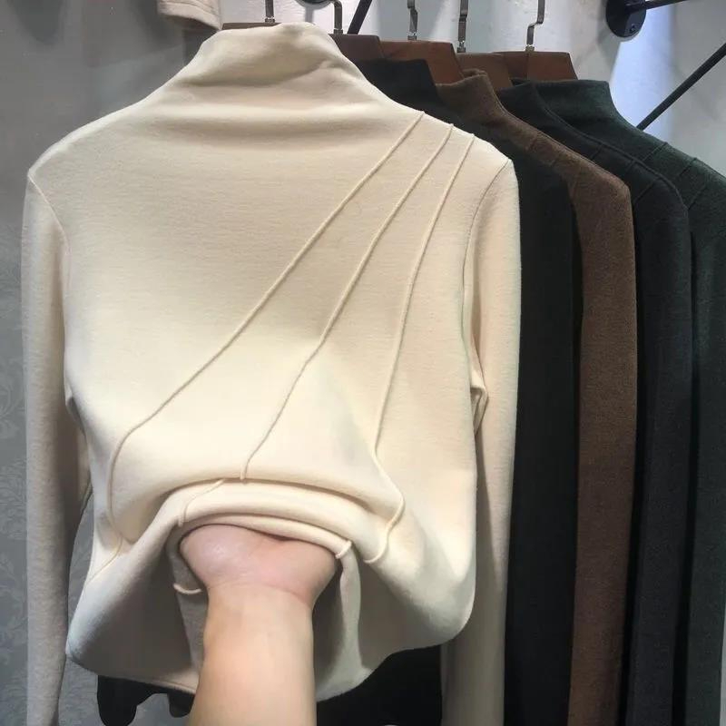 Double-sided velvet half turtleneck bottoming shirt for women in autumn and winter with warm long-sleeved T-shirt for women