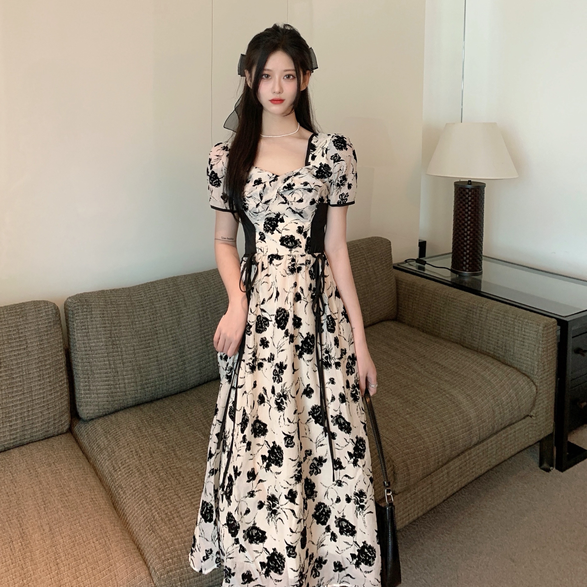 實拍 午夜玫瑰碎花連衣裙女胖MM收腰顯瘦法式氣質短袖長裙