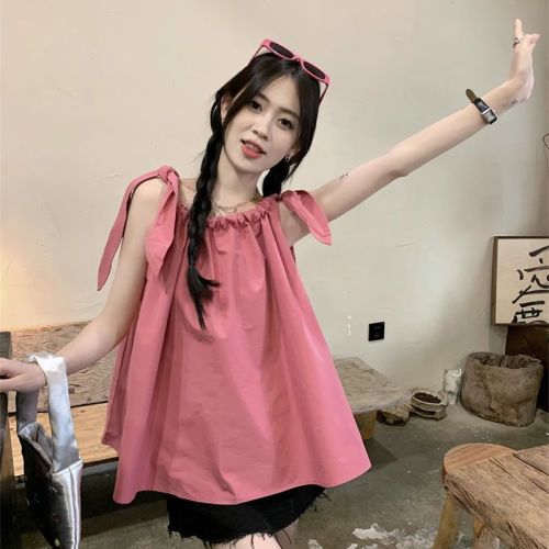 Summer Dopamine's new style sleeveless drawstring bow mid-length sweet solid color suspender top