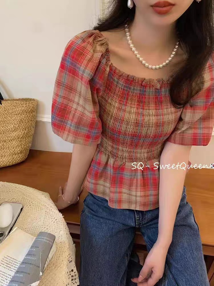 格子短款襯衫短袖襯衣女裝夏季辣妹設計感小眾法式別致泡泡袖上衣