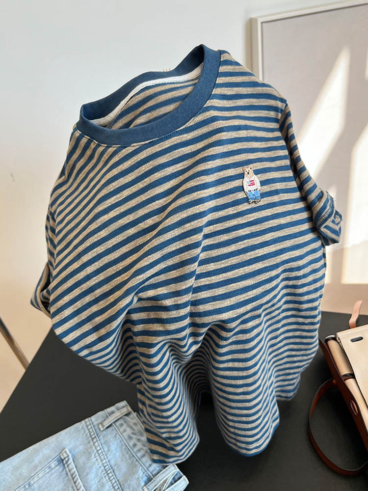 40 count pure cotton large size women's clothing 300 pounds striped short-sleeved T-shirt women's summer loose top