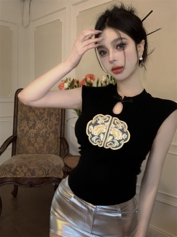 實拍 夏季新中式刺繡國風盤扣別致小衫上衣短袖T恤女