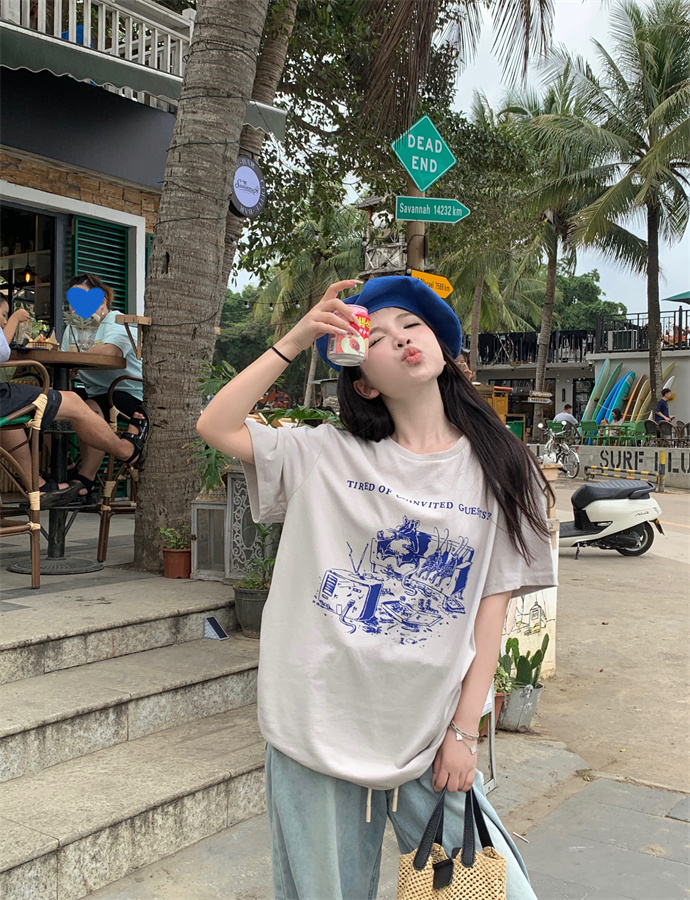 實拍~春夏ins卡通撞色印花圓領短袖T恤