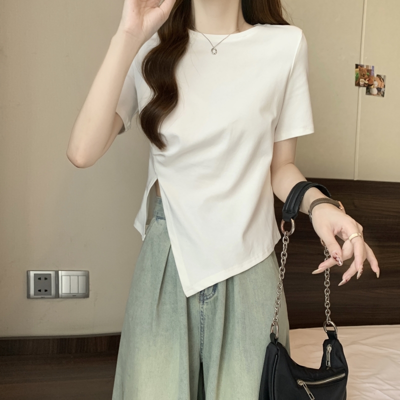 Real shot 40 count pure cotton 2024 summer design niche drawstring short-sleeved T-shirt for women solid color