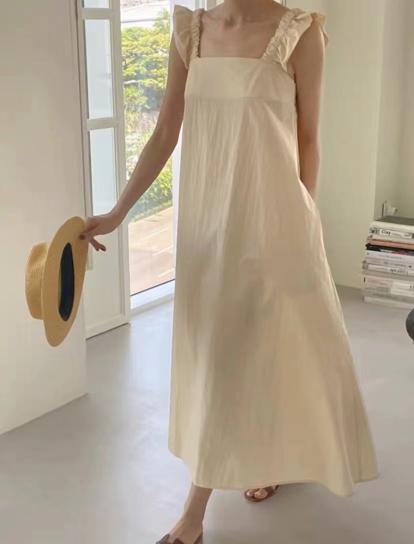 清新方領飛飛袖連衣裙女2024夏季設計感別致藍色長裙無袖簡約