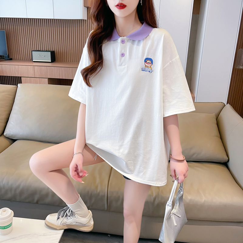 實拍純棉 夏季新款短袖T恤女寬鬆印花設計感上衣翻領體恤Polo衫
