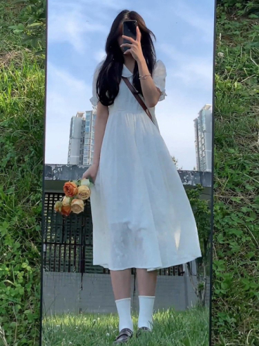 白色娃娃领连衣裙女2024新款夏季小个子清新法式浪漫初恋甜美长裙