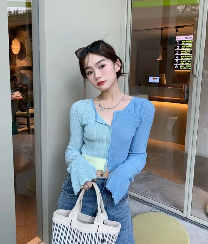 設計感純欲風長袖緊身針織衫女春季辣妹藍色短款開衫別致小眾上衣