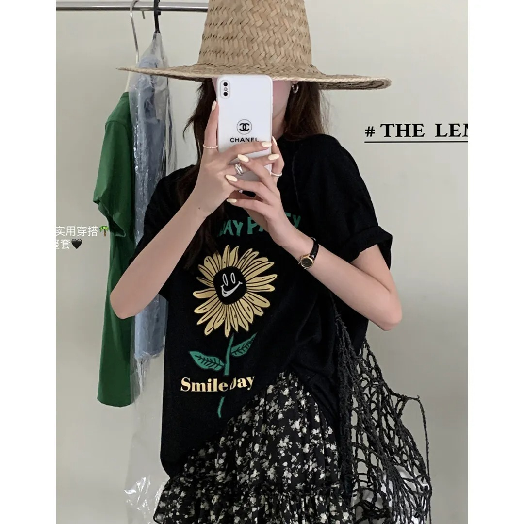 短袖T恤女夏季新款美式復古風向日葵學院風韓系上衣