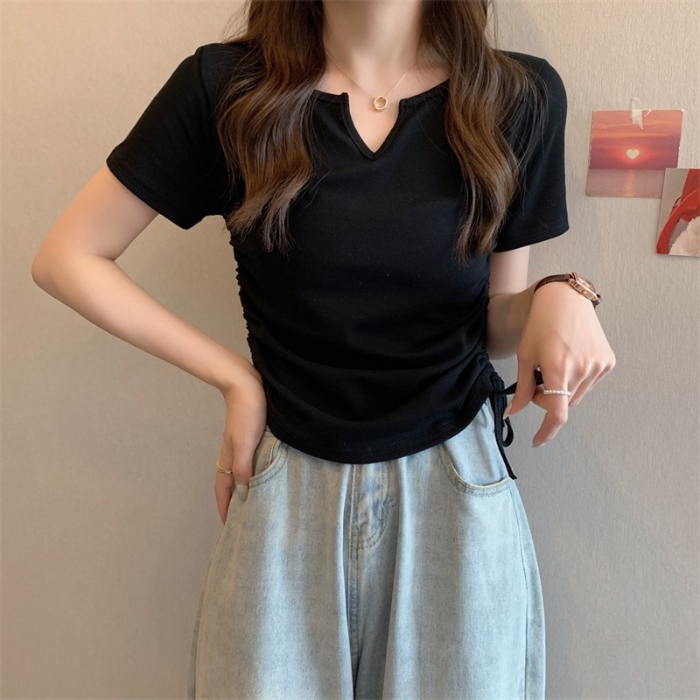 白色短袖t恤女設計感小眾夏季新款V領顯瘦抽繩短款上衣