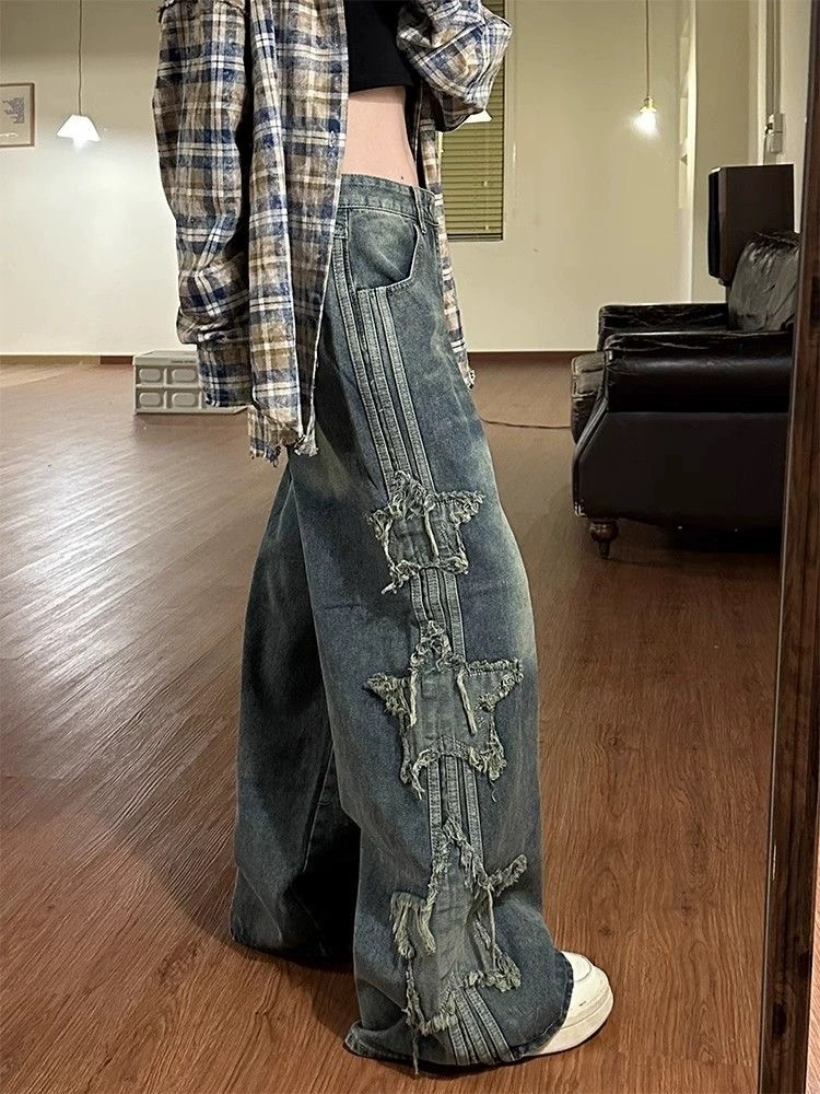 Design sense washed old star patch jeans women's new retro drape loose wide-leg floor mopping pants
