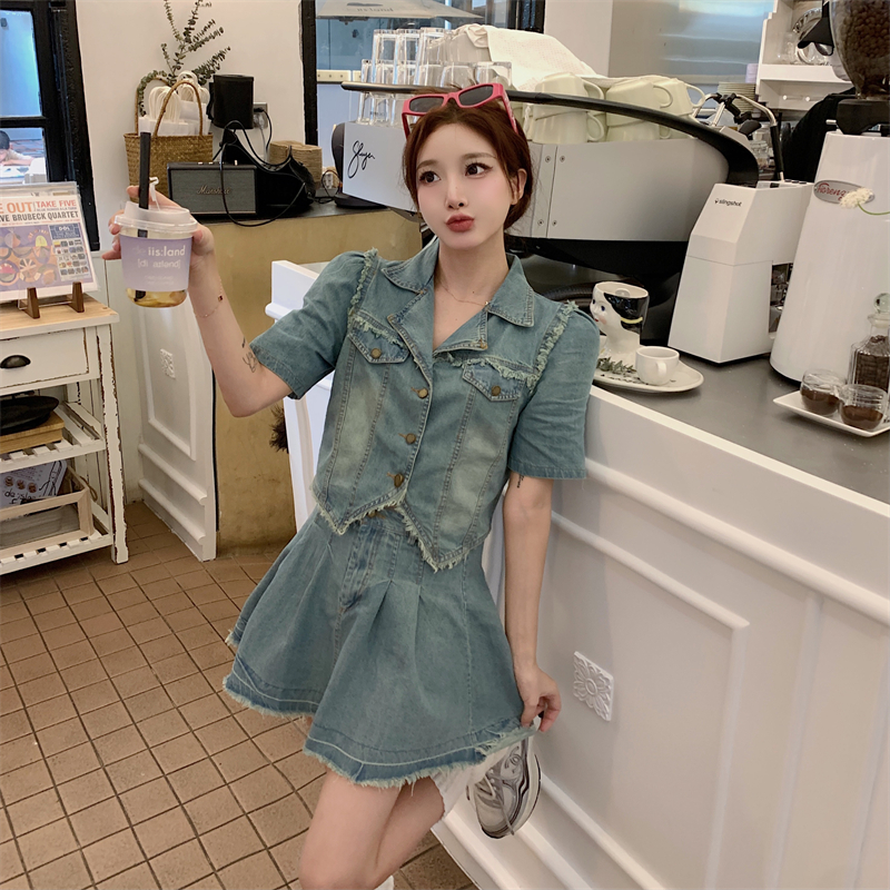 實拍夏裝小個子洋氣兩件套寬鬆牛仔短外套搭闊腿短褲潮S-5XL200斤