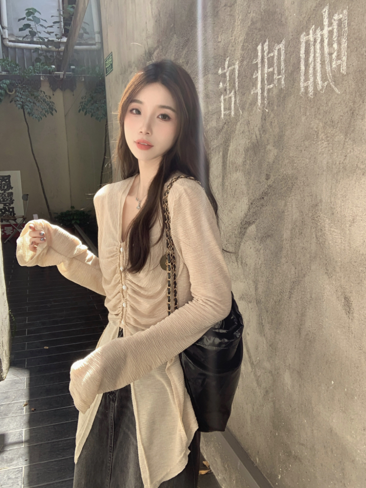 實拍！chic復古V領排扣褶皺顯瘦長袖襯衫女韓系小眾氣質上衣