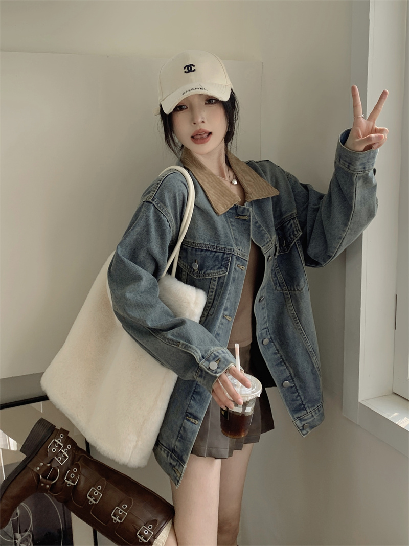 實拍~2024新款撞色水洗做舊牛仔外套女潮ins休閒寬鬆百搭上衣