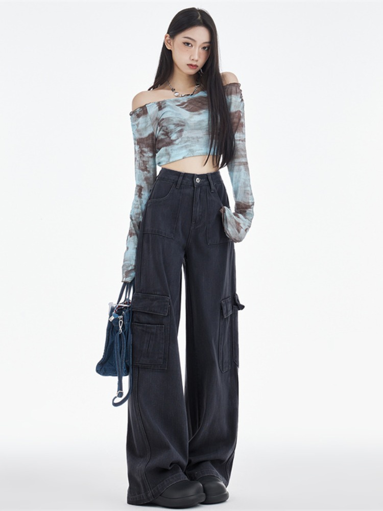 Washed cotton American retro casual workwear wide-leg pants for women high-waisted loose slim design pants