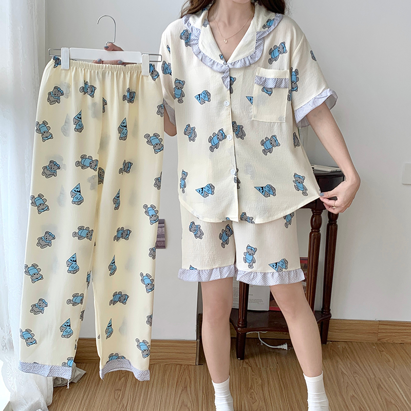 尚優衣品泡泡棉睡衣女三件套短袖短褲長褲夏季韓版開衫翻領家居服