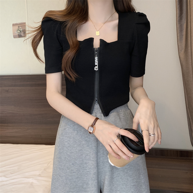 Threaded large size fat MM square collar short-sleeved t-shirt for hot girls short slim design zipper Korean style ins trendy top