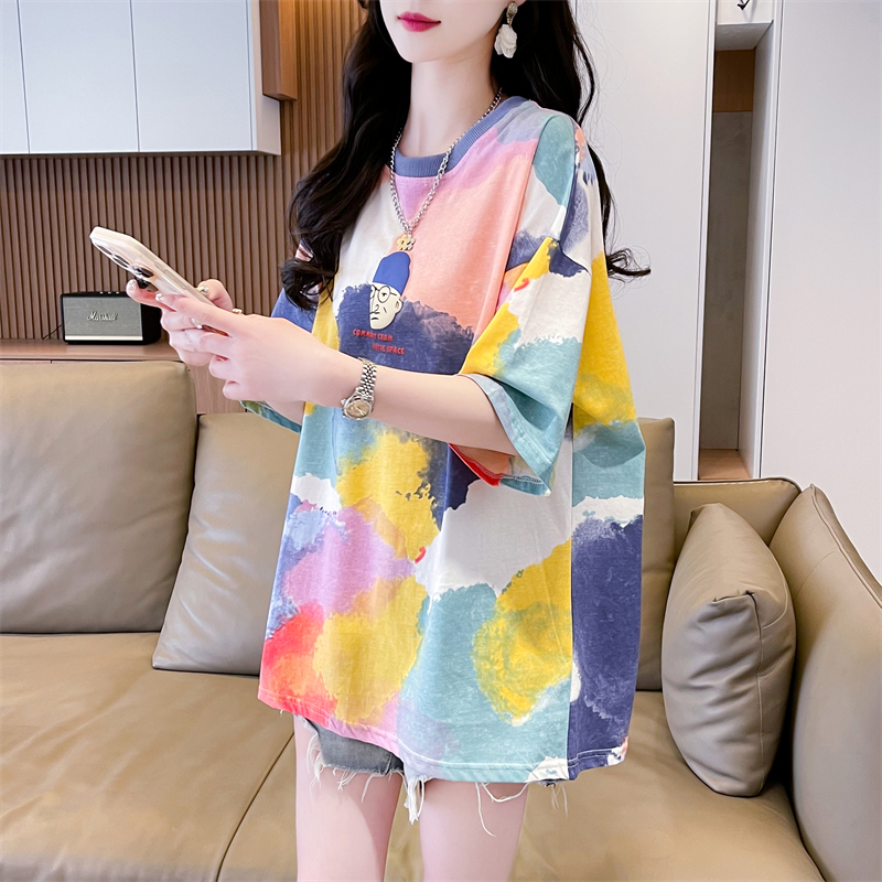實拍  小眾設計感扎染卡通小熊塗鴉短袖t恤女寬鬆韓版上衣