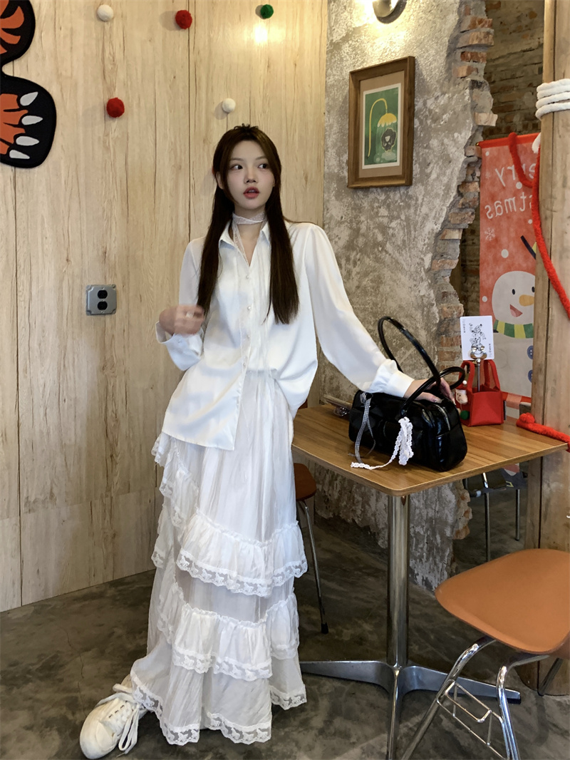 實拍~韓版垂感緞面珍珠扣襯衫+蕾絲邊長裙蛋糕甜美風連兩件套
