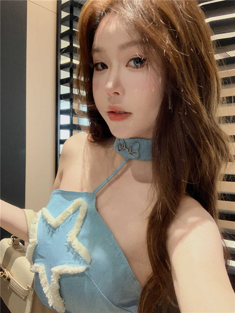 實拍蝴蝶裝飾五角星綁帶牛仔短款掛脖背心
