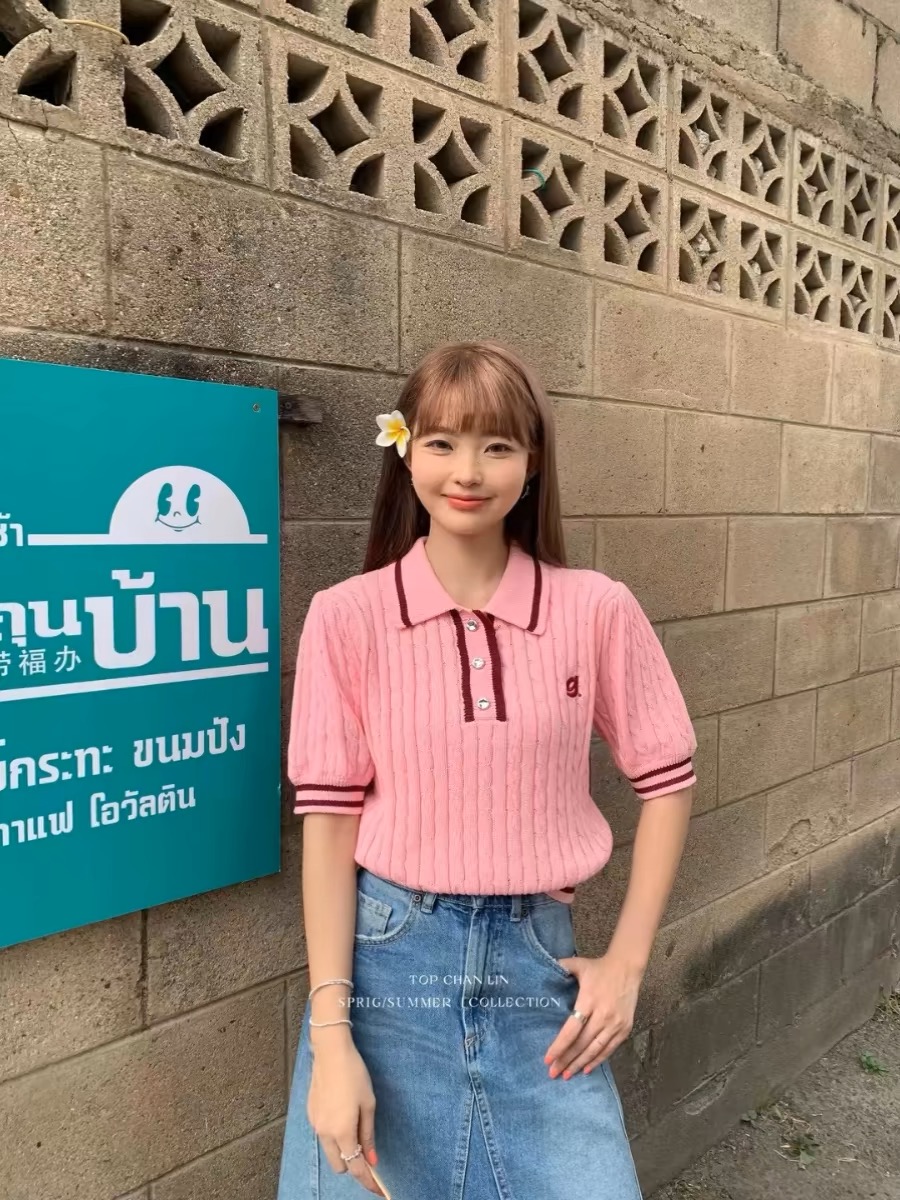 Topchanli春夏新款學院風刺繡撞色翻領短袖針織衫上衣女