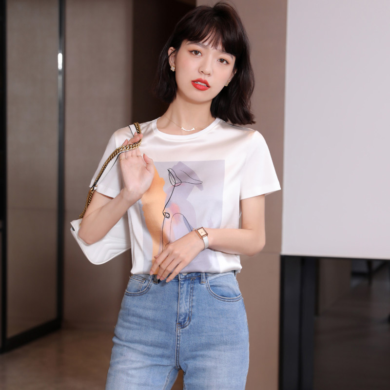 實拍重磅新款夏裝桑蠶絲T恤上衣洋氣2024真絲短袖女印花緞面休閒