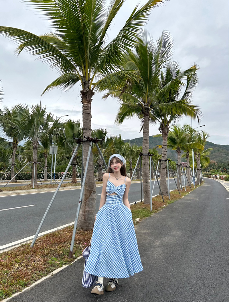實拍~夏季新品甜美藍白格子吊帶背心+高腰半身裙套裝兩件套裝
