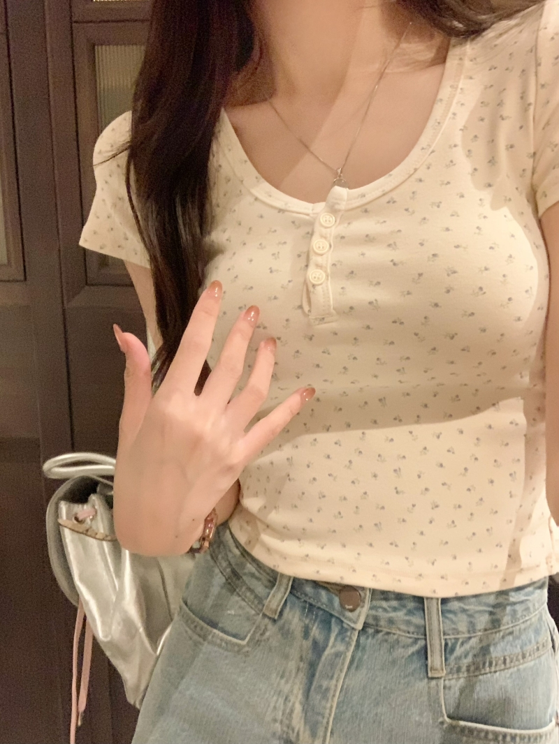 40支純棉 2024夏裝碎花短袖T恤女修身顯瘦上衣