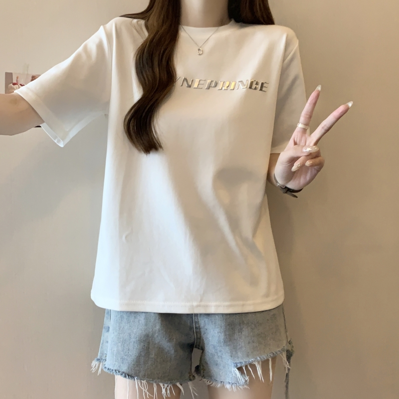 實拍 21支純棉高緊密2024夏裝立體電鍍字母短袖T恤女寬鬆圓領上衣