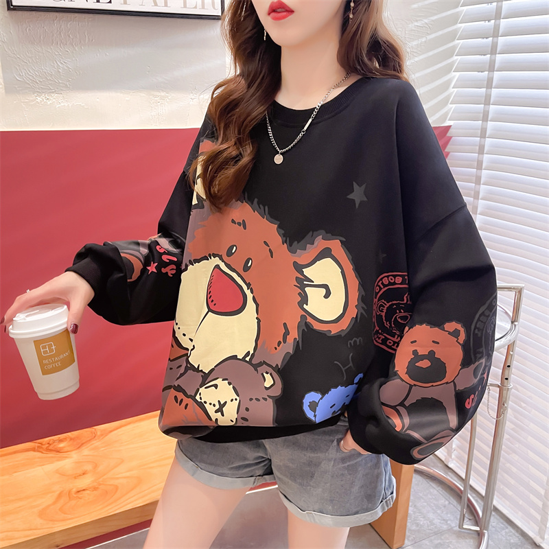 實拍 春季韓版寬鬆圓領卡通印花中長款大碼女裝薄款衛衣女