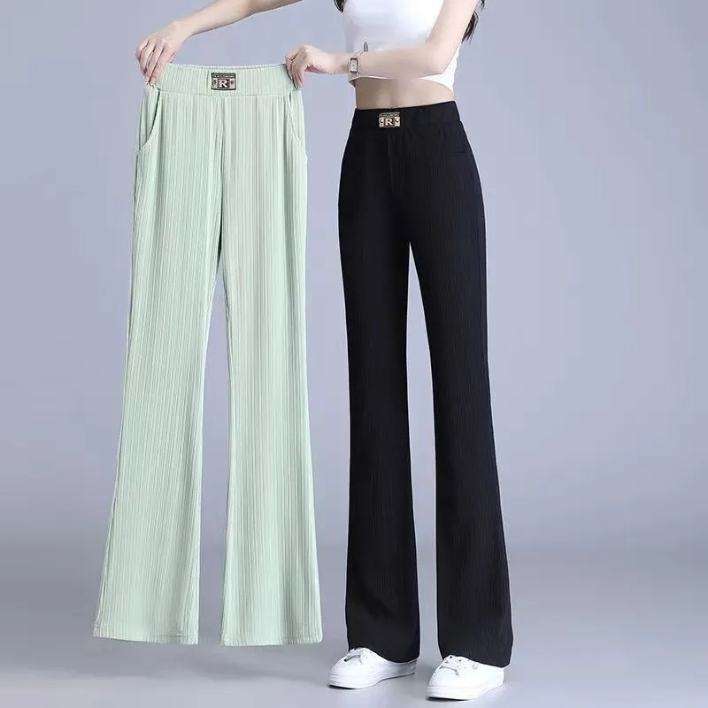 矮個子微喇褲女2024夏季新款小個子薄款鬆緊腰高腰顯瘦冰絲喇叭褲