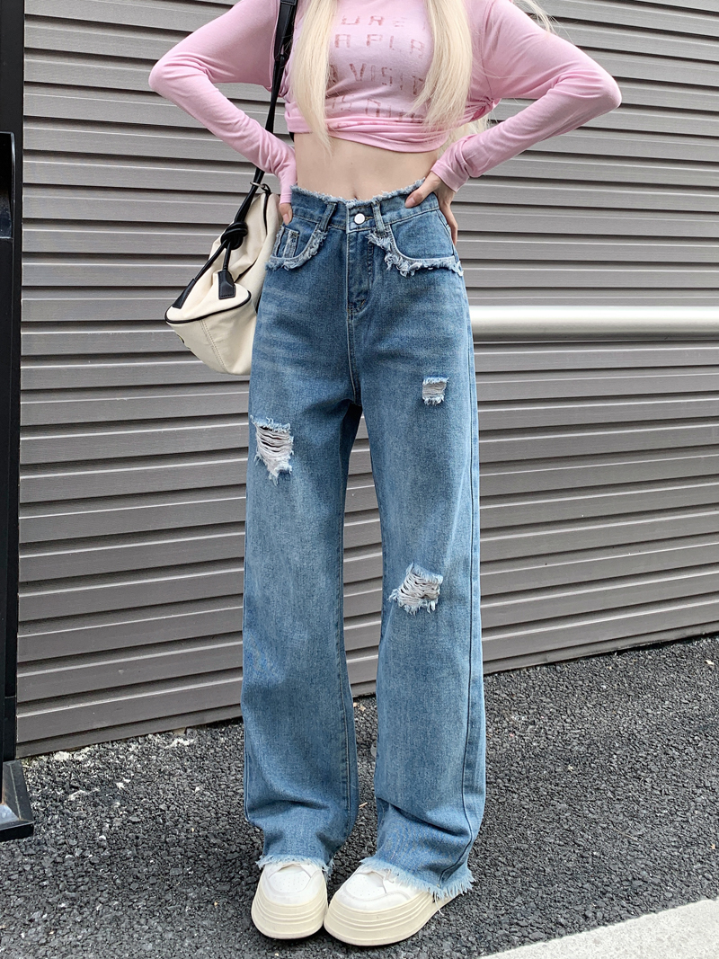 Real shot ~ Retro distressed raw edge ripped jeans, casual and versatile, high-waisted, slim straight-leg pants, wide-leg pants