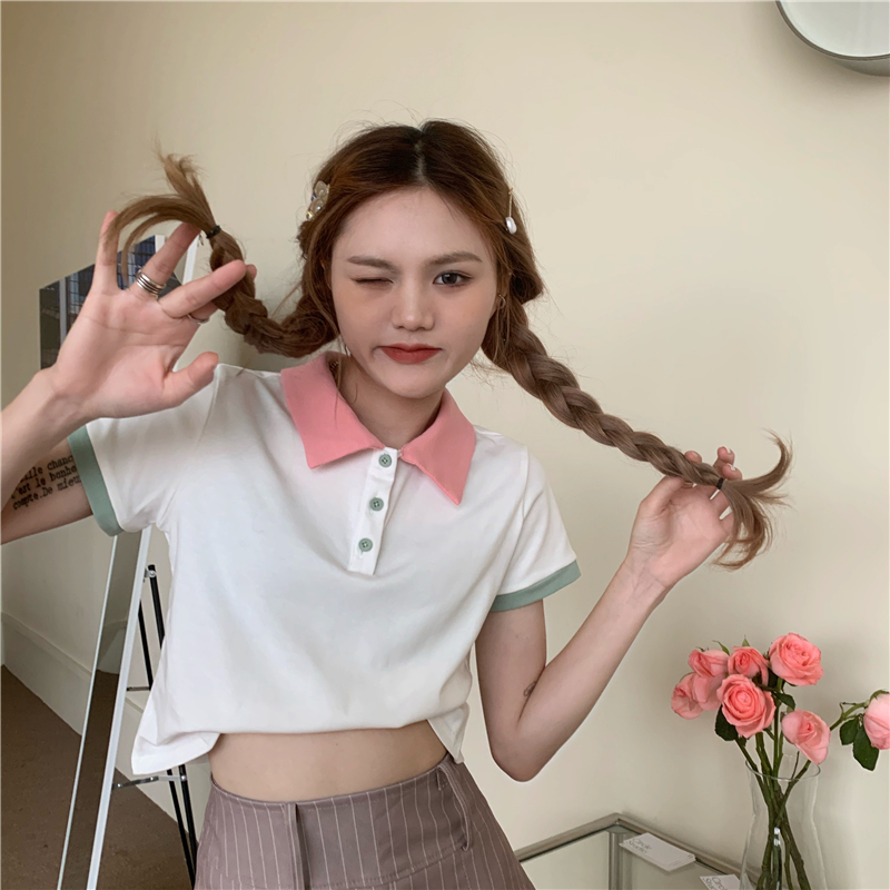 Real shot of age-reducing short contrasting color polo shirt small lapel short-sleeved T-shirt women's top