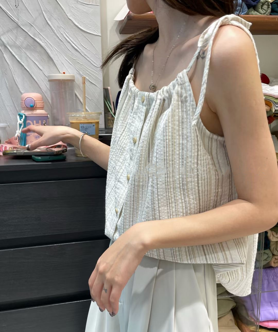 韓國新款百搭純棉條紋吊帶撞色百搭吊帶上衣