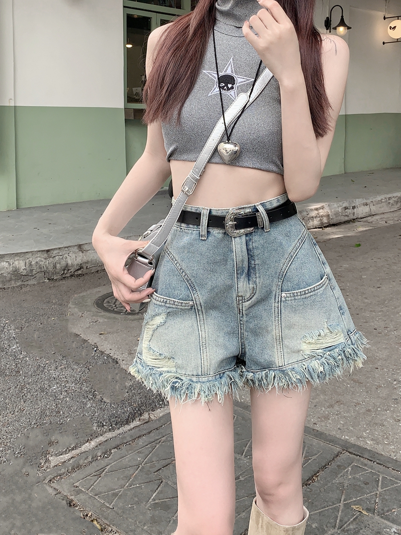 Actual shot#High-waisted denim shorts for women, retro slimming design, ripped and raw edge shorts