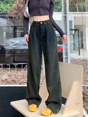 Real shot of retro jeans for women in spring 2024 new style high-waisted loose drapey wide-leg pants straight-leg floor-length trousers