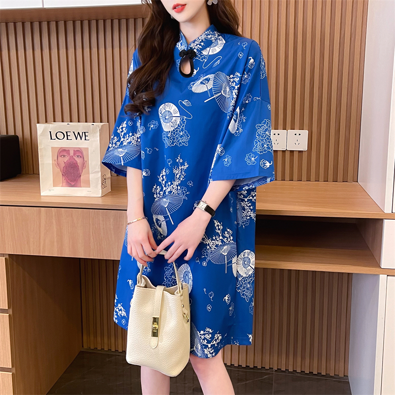 實拍 新款改良旗袍短袖t恤女中長款設計感炸街半袖T恤裙子