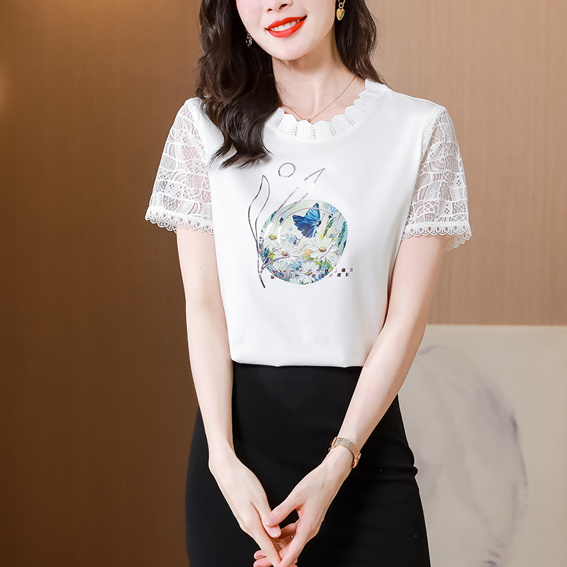 實拍2024夏季新款短袖T恤女圓領拼接通勤白色薄上衣設計感小眾