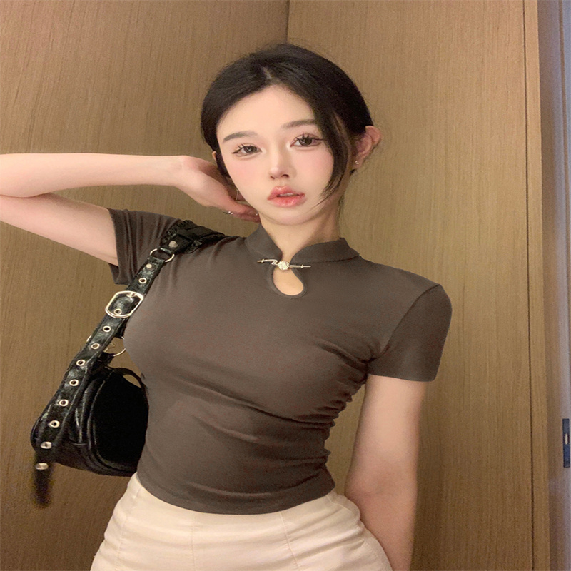 New Chinese style improved cheongsam short-sleeved T-shirt for women 2024 summer new style French retro short slim top