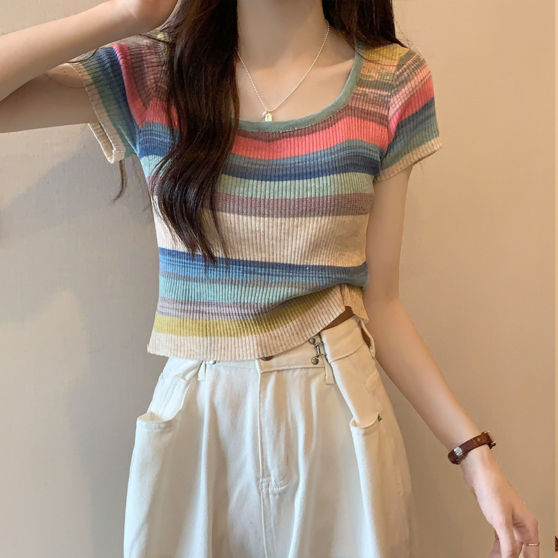 Real shot of short-sleeved right shoulder T-shirt for women with square neck and slim summer design rainbow striped short hot girl top