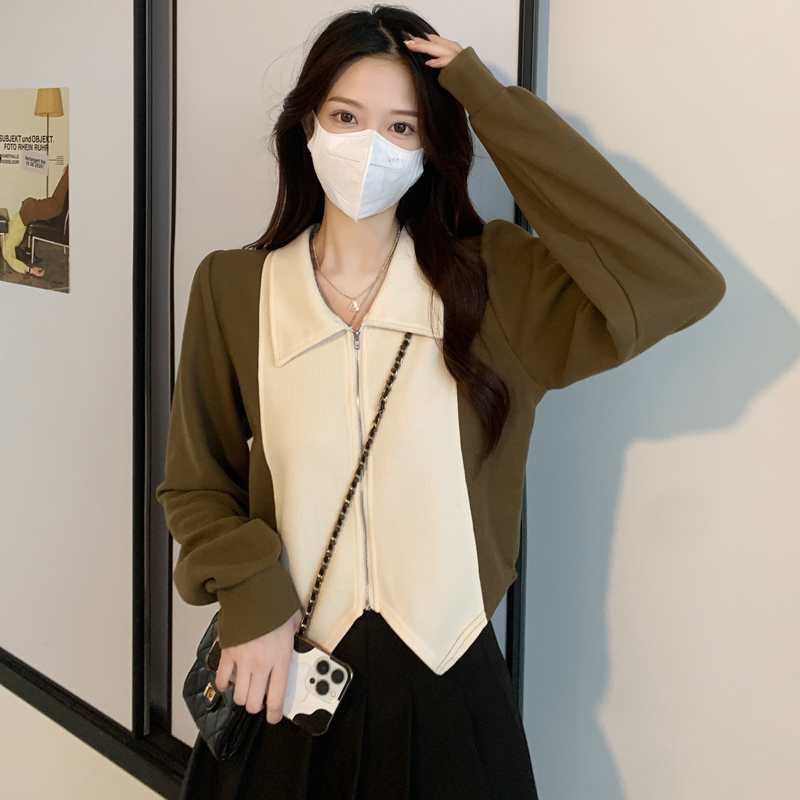 撞色Polo領長袖t恤女洋氣不規則拉鏈撞色短款上衣服打底衫