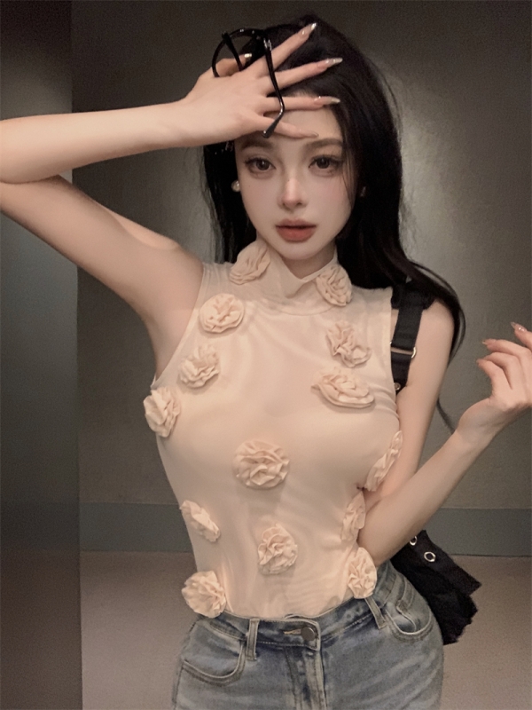 實拍 法式高級感花朵刺繡小眾半高領吊帶背心內搭打底衫上衣