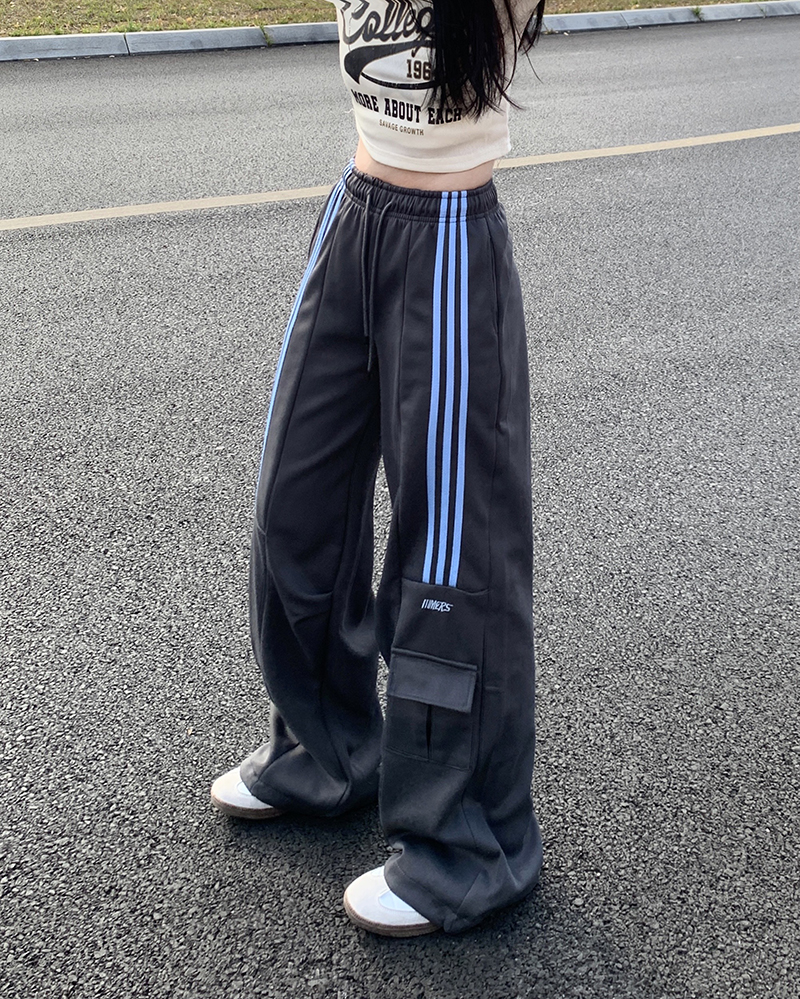 Real shot of Chinese cotton composite three stripes spring American retro casual sports pants high waist loose wide leg pants