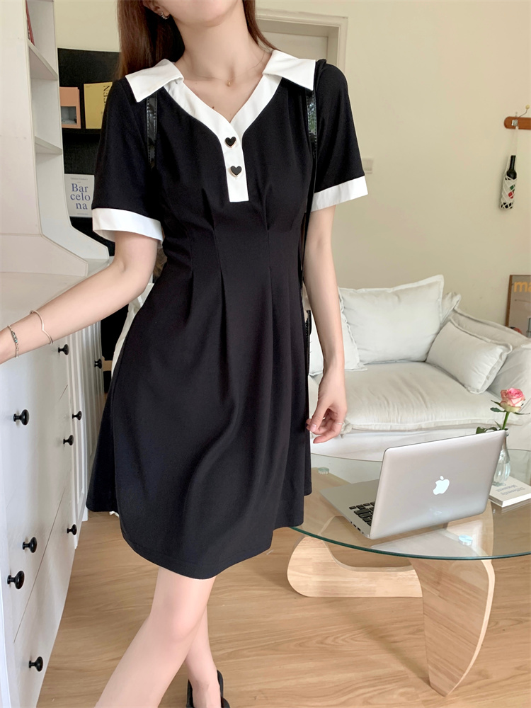 9052 real shot ~ plus size women's French chic v-neck short-sleeved women's casual high-waisted dress for small people